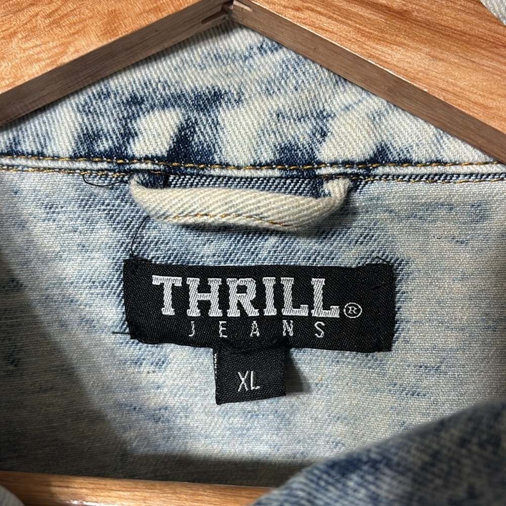 THRILL Thrashed Distressed Long Line Button Down Acid Wash Denim Jacket XL - Picture 3 of 7